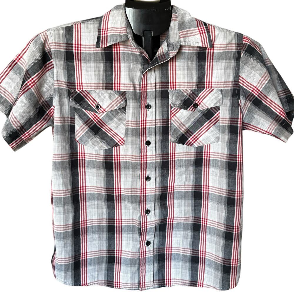 Blue Crown Big Boys Button Shirt Size Large Red Gray Chest Pockets Short Sleeve